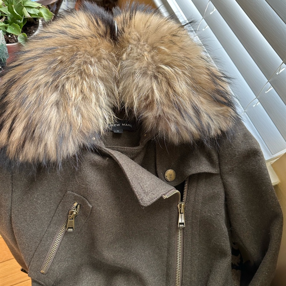 Andrew Marc Vintage Olive Green Wool Coat & Asiatic Racoon Collar - Size 6